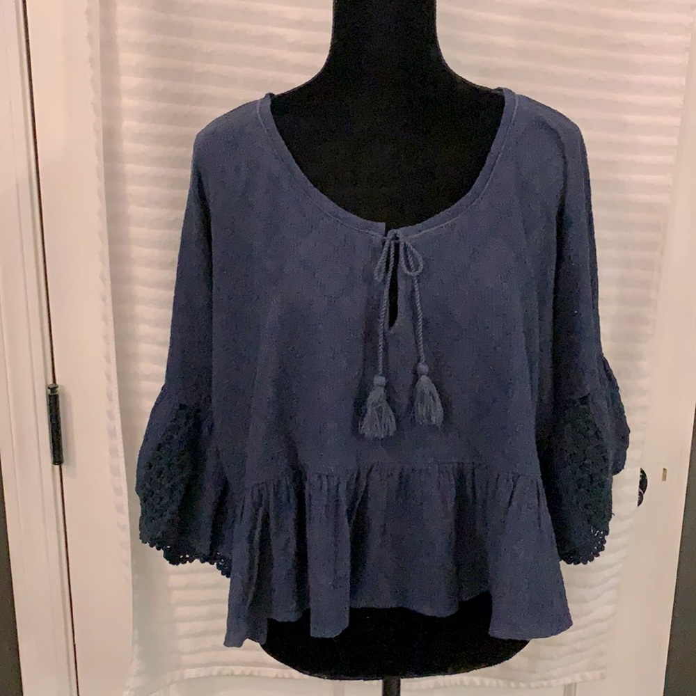 Free People Navy Boho bell sleeve top